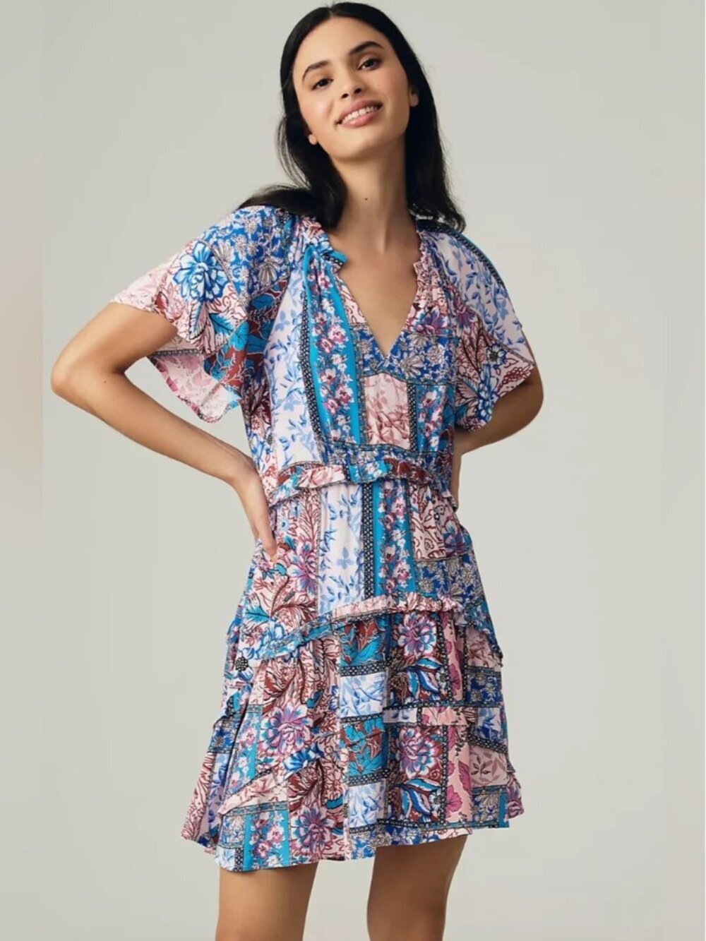 Anthropologie Robin Tiered Mini Dress Floral patchwork Size 2X Flowy Bohemian - Picture 2 of 13